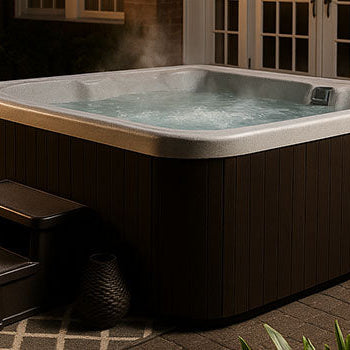 Acrylic hot tub on courtyard brick patio at night with outdoor lighting and rug.