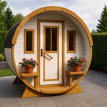 Barrel-shaped outdoor sauna on a modern stone patio surrounded by lush garden greenery.