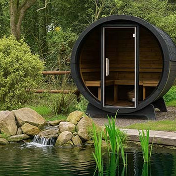 Dark wood barrel sauna beside a natural pond with a small waterfall, surrounded by forest greenery.