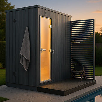 Modern black outdoor sauna with privacy screen beside a pool on a tiled patio at sunset.