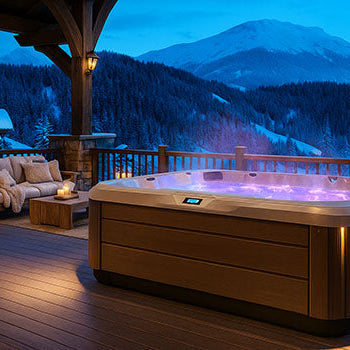 Luxurious hot tub on a chalet deck at twilight with snowy mountain view and warm lighting.