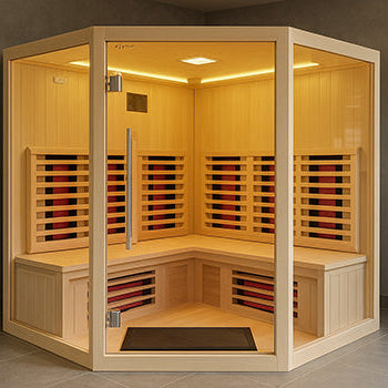 Corner infrared sauna in a modern wellness room with ceramic tiles, potted plant, and natural light from a large window.