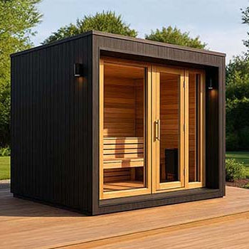 Modern black outdoor sauna with wood interior on a sunny backyard deck surrounded by lush greenery.