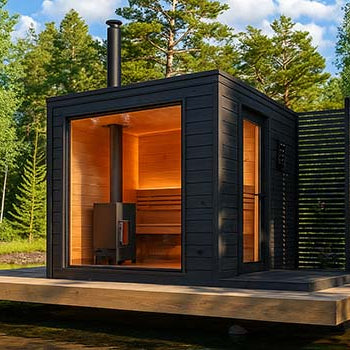 Modern outdoor cube sauna on a lakeside deck surrounded by forest under a blue sky.