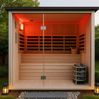 Modern cube sauna in a private landscaped garden at dusk with glowing red interior lighting.