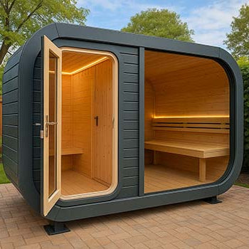 Modern curved outdoor sauna with glass front on a paved patio in a landscaped backyard.
