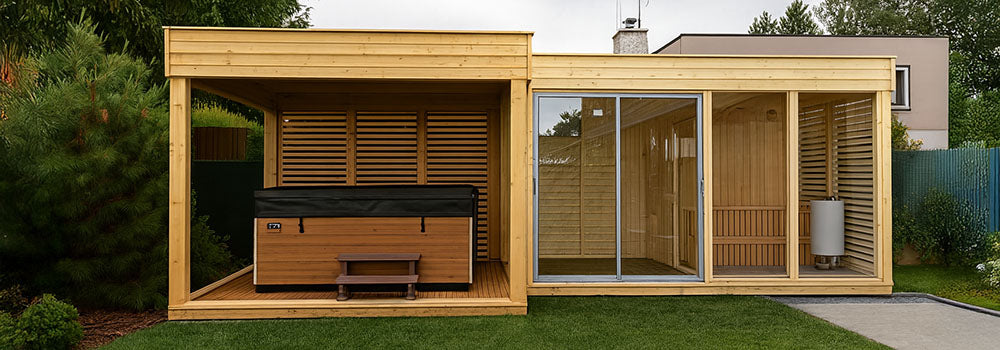 Contemporary garden sauna room with hot tub enclosure and full glass sliding doors on manicured lawn.
