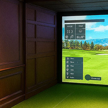 Elegant indoor golf simulator room with wood paneling, bar area, and mountain course display.