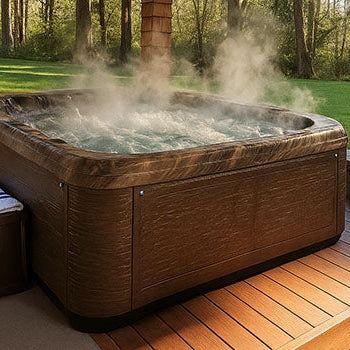 Steaming hot tub under covered patio with forest view and bubbling water.