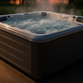 Bubbling hot tub with steam on a wooden deck at sunset beside a tranquil lake.