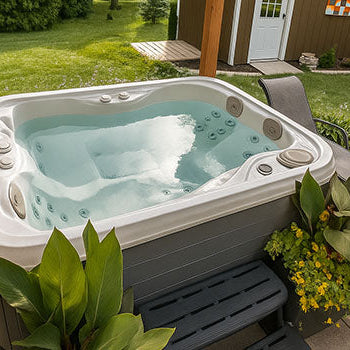 Garden hot tub under wooden pergola beside shed and colorful flower beds.