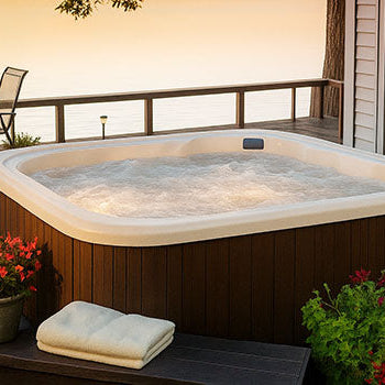 Bubbling hot tub on lakeside deck at sunset beside cozy house with patio seating.