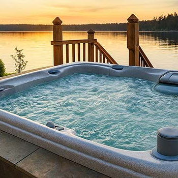 Bubbling hot tub on a stone deck overlooking a peaceful lake and forested island at sunset.