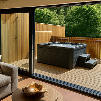 Modern hot tub on private timber deck outside living room with forest view.
