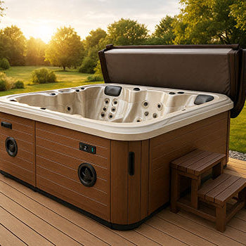 Outdoor hot tub on wooden deck with lush green lawn at sunset.