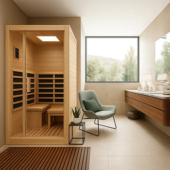 Modern indoor infrared sauna in minimalist spa room with natural light and wooden vanity.
