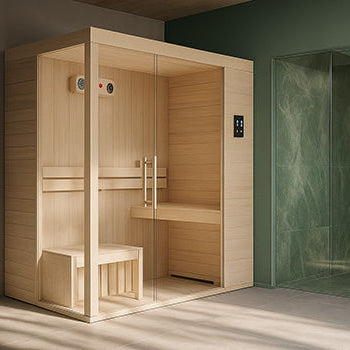 Minimalist indoor sauna with light wood and glass next to a green marble shower in a modern spa room.