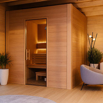 Modern indoor sauna in a cozy wooden wellness room with bamboo garden view.