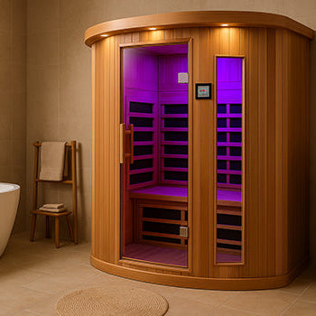 Curved infrared sauna with purple LED lighting in a warm, cozy living room setting.