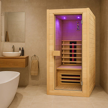 Compact infrared sauna with purple lighting in a modern luxury bathroom with tub and vanity.