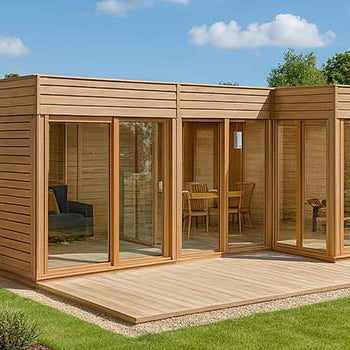 Contemporary L-shaped garden room with natural timber cladding and large glass doors, set on a landscaped lawn with flowering plants and a bright blue sky.