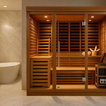 Luxury indoor sauna in an elegant bathroom with marble walls, freestanding bathtub, and gold faucet.