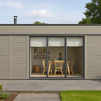 Modern garden room with light grey wood cladding and large glass doors in a cozy landscaped backyard.