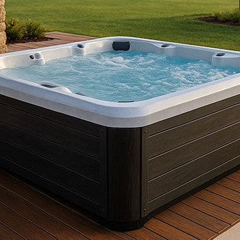 Sleek square hot tub on a modern wooden deck with garden views and stone pillar.