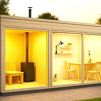 Modern dual-use sauna and garden office pod glowing warmly at sunset on a stone patio in a landscaped yard.