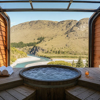 Round wooden hot tub bubbling in open-air suite overlooking river valley and mountains.