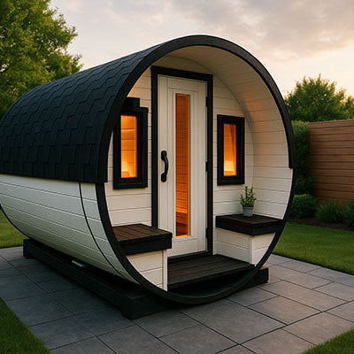 Modern white and black outdoor barrel sauna on a contemporary stone patio in a lush backyard at sunset.