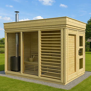 Light wood outdoor sauna with chimney in a sunny green garden with trees and blue sky.