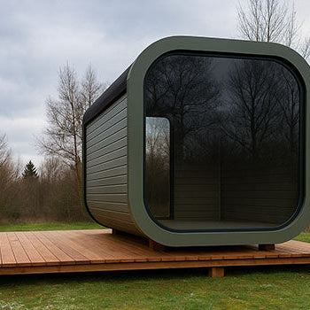 Curved outdoor sauna cabin with tinted glass on a wooden deck in a rural autumn landscape.