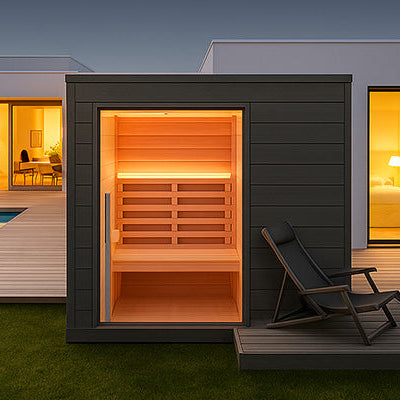 Sleek outdoor sauna on a modern backyard deck with a swimming pool and minimalist white house at twilight.