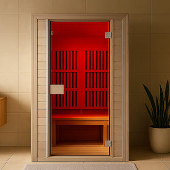 Infrared sauna glowing red inside a contemporary beige bathroom with wood vanity and indoor plant.