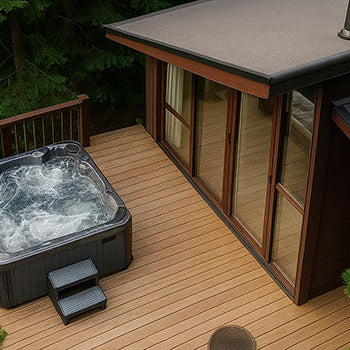 Square hot tub on a wooden deck of a modern forest cabin surrounded by pine trees.