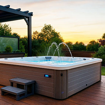 Modern square hot tub with water jets on a wooden deck at sunset.