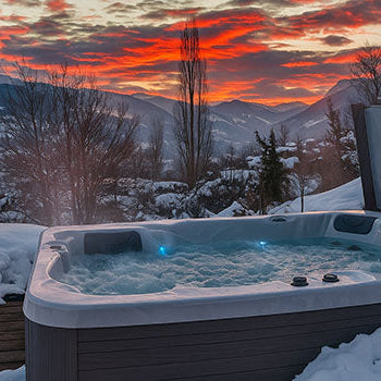 Steaming hot tub on snowy deck with mountain view at sunset.