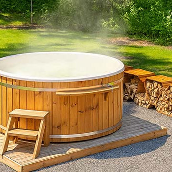 steaming wooden hot tub with firewood storage on a platform in a sunny garden.
