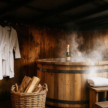 Steaming wooden hot tub in a rustic shelter with bathrobes, towel, and candlelit champagne.