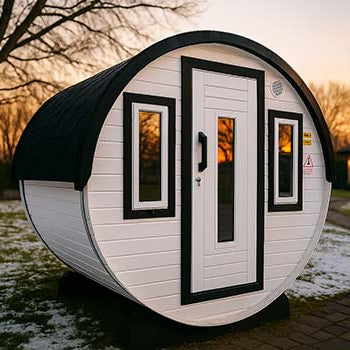 White barrel sauna with black trim in a snowy backyard at sunset with a path leading to a house.