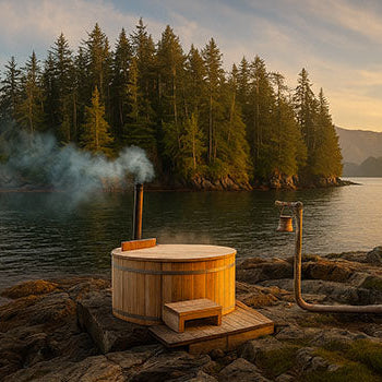 Steaming wood-fired hot tub on rocky shore facing forest island at sunset.