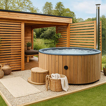 Round wood-fired hot tub bubbling beside modern sauna cabin on lakeside lawn.