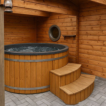 Round wooden hot tub in a timber-walled patio with curved steps and rustic lantern.