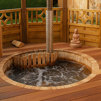 Round wooden hot tub built into a rich timber deck with privacy screen, central stove, and small statue in a sunny garden.
