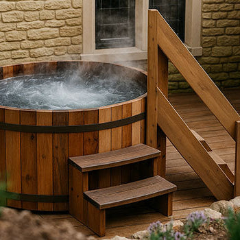 Steaming wooden hot tub on a deck beside a stone house with garden view.