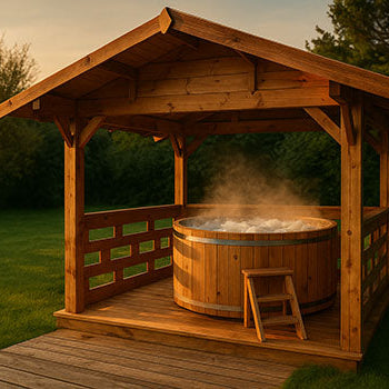 Steaming round wooden hot tub under gazebo on a garden deck at sunset.