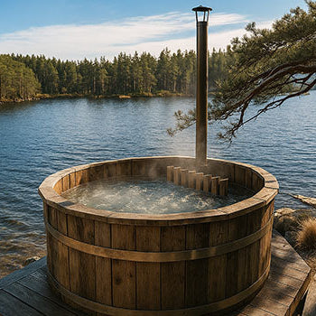 Round wooden hot tub on a lakeside deck surrounded by pine forest.