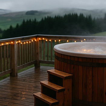 Steaming round wooden hot tub on a covered deck with string lights overlooking misty hills.