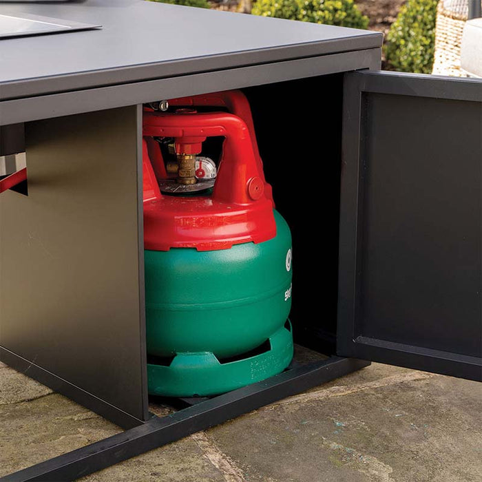 Close-up of the hidden compartment in the Cosiloft 100 Fire Pit Table, showing a 5kg propane gas bottle.